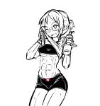  1girl abs bottle breasts canadian_flag glasses highres invader muscle muscular_female one_eye_closed ponytail short_ponytail shorts smile spot_color sweat under_boob water_bottle 