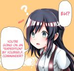  1girl ? asashio_(kantai_collection) black_hair commentary green_eyes hard_translated kantai_collection long_hair open_mouth richou_(zerozero1101) school_uniform serafuku suspenders sweat translated 