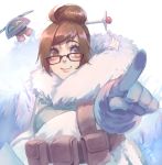  1girl artist_name bangs beads belt belt_pouch black-framed_eyewear blue_gloves brown_eyes brown_hair closed_mouth coat drone eyebrows eyebrows_visible_through_hair eyelashes floating fur-lined_jacket fur_coat fur_trim glasses gloves hair_bun hair_ornament hair_stick hand_on_hip hand_up harness highres index_finger_raised long_sleeves looking_at_viewer machinery mei_(overwatch) nose overwatch parka pink_lips pointing robot short_hair sidelocks signature smile snowball_(overwatch) snowflake_hair_ornament solo strap swept_bangs upper_body utility_belt winter_clothes winter_coat 