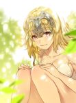  1girl bangs bare_arms blonde_hair blue_eyes blurry breasts cleavage closed_mouth collarbone dappled_sunlight day depth_of_field eyebrows eyebrows_visible_through_hair eyelashes fate/grand_order fate_(series) ganik_(pisshine) headpiece jeanne_alter knees_up looking_at_viewer plant ruler_(fate/apocrypha) sitting sleeveless solo spaghetti_strap strap_slip sunlight violet_eyes 