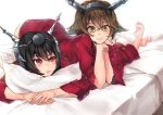  2girls alternate_costume barefoot bed brown_hair green_eyes headgear kantai_collection kyara36 long_hair looking_at_viewer lying_on_person multiple_girls mutsu_(kantai_collection) nagato_(kantai_collection) pillow red_eyes short_hair smile 