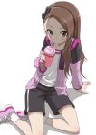  1girl arm_support black_shorts brown_eyes brown_hair collarbone drink drinking drinking_straw highres idolmaster looking_at_viewer minase_iori pink_shoes shoes shorts solo yamamoto_souichirou 