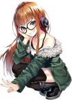  1girl bangs bare_shoulders black-framed_eyewear black_legwear black_shoes blunt_bangs blush collarbone commentary_request fur_trim glasses green_jacket hand_on_own_face head_tilt headphones heirou jacket long_hair long_sleeves looking_at_viewer off_shoulder orange_hair persona persona_5 sakura_futaba shoes shorts simple_background smile solo tank_top teeth thigh-highs violet_eyes white_background 