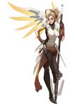 1girl bodysuit full_body glowing glowing_wings high_ponytail highres holding holding_staff long_hair mechanical_halo mechanical_wings mercy_(overwatch) overwatch simple_background solo spread_wings staff white_background wings yellow_wings youxuemingdie 