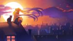  1girl artist_name bishoujo_senshi_sailor_moon blonde_hair cat city cityscape clouds evening floating_hair full_body gradient_sky long_hair looking_away luna_(sailor_moon) miyumon rooftop sailor_moon signature sitting sky star_(sky) starry_sky sun sunset tsukino_usagi twilight twintails very_long_hair wind 