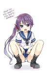  1girl akebono_(kantai_collection) bell black_legwear blush flower hair_bell hair_flower hair_ornament hard_translated hatsunatsu kantai_collection long_hair looking_at_viewer open_mouth panties pantyshot pantyshot_(squatting) print_panties purple_hair school_uniform serafuku shitty_admiral side_ponytail simple_background squatting talking_to_viewer translated underwear very_long_hair violet_eyes white_background white_panties 