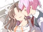  2girls ahoge blush brown_hair cheek_kiss closed_eyes highres kagerou_(kantai_collection) kantai_collection kiss multiple_girls neck_ribbon pajamas parted_lips pink_hair ribbon shiranui_(kantai_collection) sketch sleeping takeshima_(nia) 