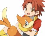  00s 1boy black_gloves brown_eyes buizel dazzle_(pokemon) devanohundosi gloves hug looking_at_viewer pixiv_manga_sample pokemon pokemon_(game) pokemon_ranger pokemon_ranger_vatonage redhead simple_background smile spiky_hair 