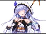  1girl ^_^ bangs bare_shoulders blurry blush breasts closed_eyes crystal depth_of_field detached_collar eyebrows eyebrows_visible_through_hair granblue_fantasy happy holding holding_staff hood letterboxed lily_(granblue_fantasy) long_hair maru_(sw1tch) pointy_ears simple_background small_breasts smile solo sparkle staff upper_body white_background 