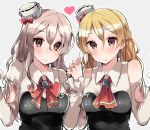  2girls bare_shoulders blonde_hair blush brown_eyes frilled_sleeves frills grey_background grey_hair hair_between_eyes hat interlocked_fingers kantai_collection long_hair long_sleeves looking_at_viewer mini_hat multiple_girls necktie pola_(kantai_collection) simple_background symmetrical_pose symmetry tanuma_(tyny) upper_body zara_(kantai_collection) 