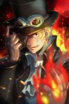  1boy blonde_hair fire gloves goggles goggles_on_hat hair_over_one_eye hat magic male_focus one_piece sabo_(one_piece) scar solo top_hat 