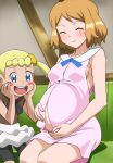  2girls blonde_hair blush blush_stickers brown_hair child closed_eyes eureka_(pokemon) female makino_tomoyasu multiple_girls pokemon pokemon_(anime) pregnant ribbon serena_(pokemon) short_hair smile 