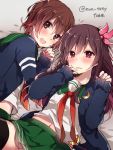  2girls bed_sheet black_legwear blush brown_eyes brown_hair crescent green_skirt hair_ornament hand_on_own_face kantai_collection kisaragi_(kantai_collection) long_hair long_sleeves looking_at_viewer lying multiple_girls mutsuki_(kantai_collection) navel neckerchief on_back on_side open_mouth parted_lips pleated_skirt red_eyes school_uniform serafuku short_hair skirt sleeves_past_wrists tanuma_(tyny) thigh-highs twitter_username 