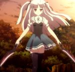  absolute_duo clouds long_hair school_uniform screencap silver_hair sky sunset sword thigh-highs tree twintails violet_eyes yurie_sigtuna 