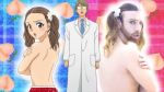  1girl 2boys anime_de_wakaru_shinryounaika brown_hair fruit glasses ladybeard multiple_boys necktie peach shinnai_ryou twintails 