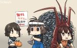  3girls ahoge brown_hair commentary dated double_bun empty_eyes fish fishnets flying_sweatdrops hamu_koutarou highres ise_(kantai_collection) kantai_collection lobster_costume miyuki_(kantai_collection) multiple_girls naka_(kantai_collection) pumpkin school_uniform serafuku shaded_face sweatdrop translated undershirt 