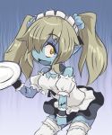  1girl apron bare_shoulders blonde_hair blue_skin disgaea fang hair_over_one_eye kururunpa maid maid_(disgaea) maid_apron makai_senki_disgaea_5 plate pointy_ears thigh-highs twintails yellow_eyes zombie 
