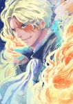  1boy blonde_hair cravat fire headwear_removed highres jacket magic male_focus one_piece reflection sabo_(one_piece) scar solo 