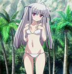  1girl 8-bit_(company) absolute_duo beach bikini breasts flat_chest hair_ornament hair_ribbon long_hair looking_at_viewer midriff navel outdoors palm_tree red_eyes ribbon sand screencap side-tie_bikini silver_hair small_breasts solo standing swimsuit thighs tree two_side_up yurie_sigtuna 