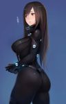  1girl ass bangs bodysuit breasts brown_eyes brown_hair character_request clenched_hands from_behind gantz gantz_suit highres large_breasts lips long_hair parted_lips simple_background swept_bangs taishi_(picchiridou) translation_request 