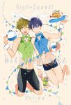  2boys artist_name barefoot black_hair blue_eyes bowtie brown_hair character_name confetti dessert detached_sleeves food full_body green_eyes high_speed! looking_at_viewer male_focus midriff mito_h multiple_boys nanase_haruka_(free!) navel open_mouth rabbit_ears short_hair simple_background smile swim_trunks tachibana_makoto tray wink 