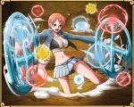  1girl breasts brown_eyes cleavage crop_top cropped_jacket enies_lobby female fighting_stance jacket large_breasts midriff miniskirt nami_(one_piece) navel official_art one_piece open_jacket open_mouth orange_hair pleated_skirt short_hair skirt solo 