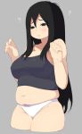  1girl ? accho_(macchonburike) bare_shoulders belly black_eyes black_hair blush breasts camisole cleavage female hands_up large_breasts long_hair midriff navel panties parted_lips plump simple_background solo thick_thighs underwear upper_body white_panties 
