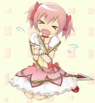  &gt;_&lt; 1girl bow choker closed_eyes dress gloves hair_bow kaname_madoka magical_girl mahou_shoujo_madoka_magica open_mouth pink_dress pink_eyes pink_hair puffy_short_sleeves puffy_sleeves ribbon_choker short_sleeves short_twintails sitting solo spear sweat tears twintails wariza weapon white_gloves 