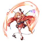  &gt;:d 1girl :d alternate_costume arms_up asymmetrical_wings blonde_hair flandre_scarlet full_body furisode hair_between_eyes hat highres japanese_clothes kimono laevatein_(tail) looking_at_viewer mob_cap obi okobo open_mouth red_eyes sash short_hair side_ponytail slit_pupils smile standing standing_on_one_leg sword thighs tis_(shan0x0shan) touhou vampire weapon white_legwear wide_sleeves wings 
