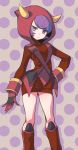  10s 1girl boots fake_horns flipped_hair gloves high_heel_boots high_heels hood hoodie horned_headwear kagari_(pokemon) kagari_(pokemon)_(remake) looking_at_viewer pokemon pokemon_(game) pokemon_oras purple_hair ribbed_sweater short_hair solo sweater team_magma uniform violet_eyes yamaki_suzume 