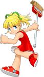  1girl blonde_hair blue_eyes broom capcom child dress flat_chest hair_ribbon highres mori_toshiaki official_art red_dress ribbon robot rockman rockman_(classic) roll solo tatsunoko_vs_capcom 