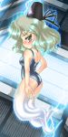  1girl blue_swimsuit blush breasts commentary_request ghost_tail green_eyes green_hair hand_on_hip hat looking_at_viewer looking_back school_swimsuit short_hair soga_no_tojiko solo swimsuit tagme tate_eboshi touhou winn 