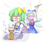  &gt;:d :d chopsticks cirno daiyousei excited highres instant_ramen open_mouth peroponesosu. pouring shaded_face sink smile square_mouth steam touhou white_background worried 