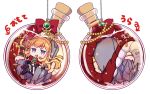  1girl blonde_hair book boots bow brooch cagliostro_(granblue_fantasy) chibi christmas_tree closed_eyes commentary_request dragon dress granblue_fantasy jewelry legs_crossed long_hair looking_at_viewer mikagami_hiyori open_mouth sitting smile tail throne translation_request violet_eyes white_background 
