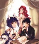  1boy 2girls :3 :d ahoge amulet animal_ears armlet bangs bare_shoulders black_hair black_jacket black_pants bob_cut breasts cat_ears cat_girl cat_tail chin_rest closed_mouth collared_shirt dorei_career_planner_na_seikou_dekiru_shokugyou dress_shirt fang formal green_eyes hair_between_eyes indoors jacket jewelry kuroemon lamia long_hair long_sleeves looking_at_viewer medium_breasts monster_girl multiple_girls necktie official_art open_mouth pants paper pendant purple_hair red_eyes red_necktie redhead ring_necklace rope scales shirt short_hair sitting sleeveless smile standing suit tail tent tie_clip wavy_hair white_shirt wooden_table yellow_eyes 