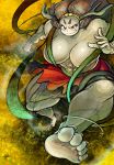  1girl abs abstract_background anklet bakugeki_no_g bracelet breasts brown_hair eyeshadow fang feet headband highres hikimayu horns huge_breasts jewelry loincloth long_hair makeup muscle oboro_muramasa orange_eyes pale_skin raijin_(oboro_muramasa) shawl skirt smile soles toes 