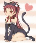  1girl animal_ears blush breasts cat_ears cat_tail choker cleavage dress fang heart long_hair looking_at_viewer mahou_shoujo_madoka_magica red_eyes redhead ribbon ribbon_choker sakura_kyouko sitting solo tail yokozuwari 