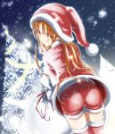  1boy androgynous ass bag blush boots brown_eyes brown_hair christmas christmas_tree from_behind hat highres leaning leaning_forward long_hair looking_back male_focus nao_(lead-pencil) original santa_costume shiny shiny_skin shorts smile solo trap 