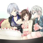  3girls anastasia_(idolmaster) animal_ears blue_eyes breasts brown_hair cake cat_ears cherry choker cleavage closed_eyes couch dress flower food fruit fujy grey_hair idolmaster idolmaster_cinderella_girls long_hair maekawa_miku multiple_girls open_mouth ribbon_choker sitting smile takamine_noa 