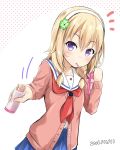  1girl blonde_hair cardigan clover dated food four-leaf_clover hair_ornament hairband high_school_fleet long_hair mouth_hold neckerchief pink_sweater pirason pocky pocky_day pov red_neckerchief school_uniform serafuku sweater violet_eyes wakasa_reo 