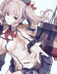  1girl akasaai blue_eyes commentary_request epaulettes gloves highres kantai_collection kashima_(kantai_collection) long_hair long_sleeves looking_at_viewer machinery neckerchief pleated_skirt reaching silver_hair skirt smile solo two_side_up white_background 