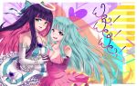  2girls blue_hair breasts cleavage crossover dress elbow_gloves female gloves green_eyes long_hair looking_at_viewer me!me!me! meme_(me!me!me!) multicolored_hair multiple_girls panty_&amp;_stocking_with_garterbelt ribbon shinaishadow skirt stocking_(psg) violet_eyes 