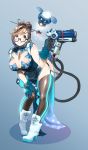  1girl absurdres alternate_costume belt blush boots breasts brown_hair china_dress chinese_clothes cleavage dress garter_straps glasses gloves hair_bun hair_ornament hairpin highres leaning_forward looking_at_viewer mei_(overwatch) neon_trim overwatch postal_cobe smile snowflake_print solo thigh-highs utility_belt 