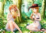  2girls ayase_eli bare_shoulders bird blue_eyes blush bow bracelet butterfly dress flower forest green_eyes hat head_wreath highres hoshizora_rin jewelry long_hair looking_at_viewer love_live! love_live!_school_idol_festival love_live!_school_idol_project multiple_girls nature open_mouth orange_hair short_dress sitting smile squirrel 