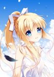  1girl air blonde_hair blue_eyes clouds feathers kamio_misuzu long_hair ponytail sky smile solo xia_xiang_(ozicha) 