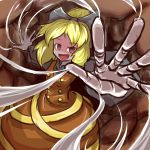  1girl cave foreshortening highres kurodani_yamame no_pupils open_mouth outstretched_hand peroponesosu. silk smile solo spider_web touhou underground upper_body 