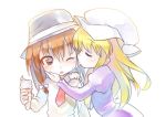  2girls blonde_hair brown_hair cheek_licking closed_eyes ebizome face_licking food food_on_face hat ice_cream ice_cream_cone ice_cream_on_face juliet_sleeves licking long_sleeves maribel_hearn mob_cap multiple_girls one_eye_closed puffy_sleeves tongue tongue_out touhou usami_renko 