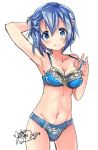  1girl armpits blue_bow blue_eyes blue_hair blue_panties blush bow bra breasts cleavage collarbone cowboy_shot gleision_adain hair_between_eyes hair_ornament hairclip hand_in_hair looking_at_viewer mahou_shoujo_madoka_magica medium_breasts miki_sayaka navel panties short_hair signature simple_background smile solo stomach strap_lift underwear underwear_only white_background 