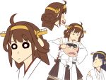  1boy 2girls ahoge bare_shoulders brown_hair brown_skirt character_sheet commentary_request crayon_shin-chan detached_sleeves hairband hands_on_another&#039;s_head haruna_(kantai_collection) hat headgear ishii_hisao japanese_clothes kantai_collection kongou_(kantai_collection) little_boy_admiral_(kantai_collection) long_hair military military_hat military_uniform multiple_girls nontraditional_miko parody skirt uniform upper_body white_background wide_sleeves 