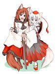  2girls :3 animal_ears bare_shoulders boots breasts brooch brown_hair detached_sleeves dress fang fingernails geta hat highres imaizumi_kagerou inubashiri_momiji jewelry kuroneko_(kuroi-neko) long_sleeves multiple_girls nail_polish open_mouth pom_pom_(clothes) red_eyes red_nails shield short_hair silver_hair sword tail tokin_hat touhou weapon weapon_bag wide_sleeves wolf_ears wolf_tail 